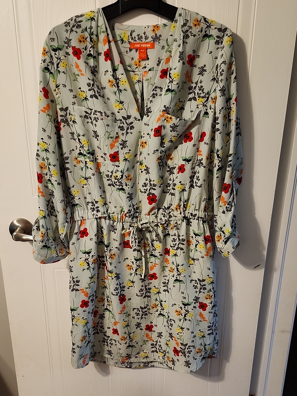 Joe Fresh Mint Floral Drawstring Midi Dress with Red and Yellow Blooms